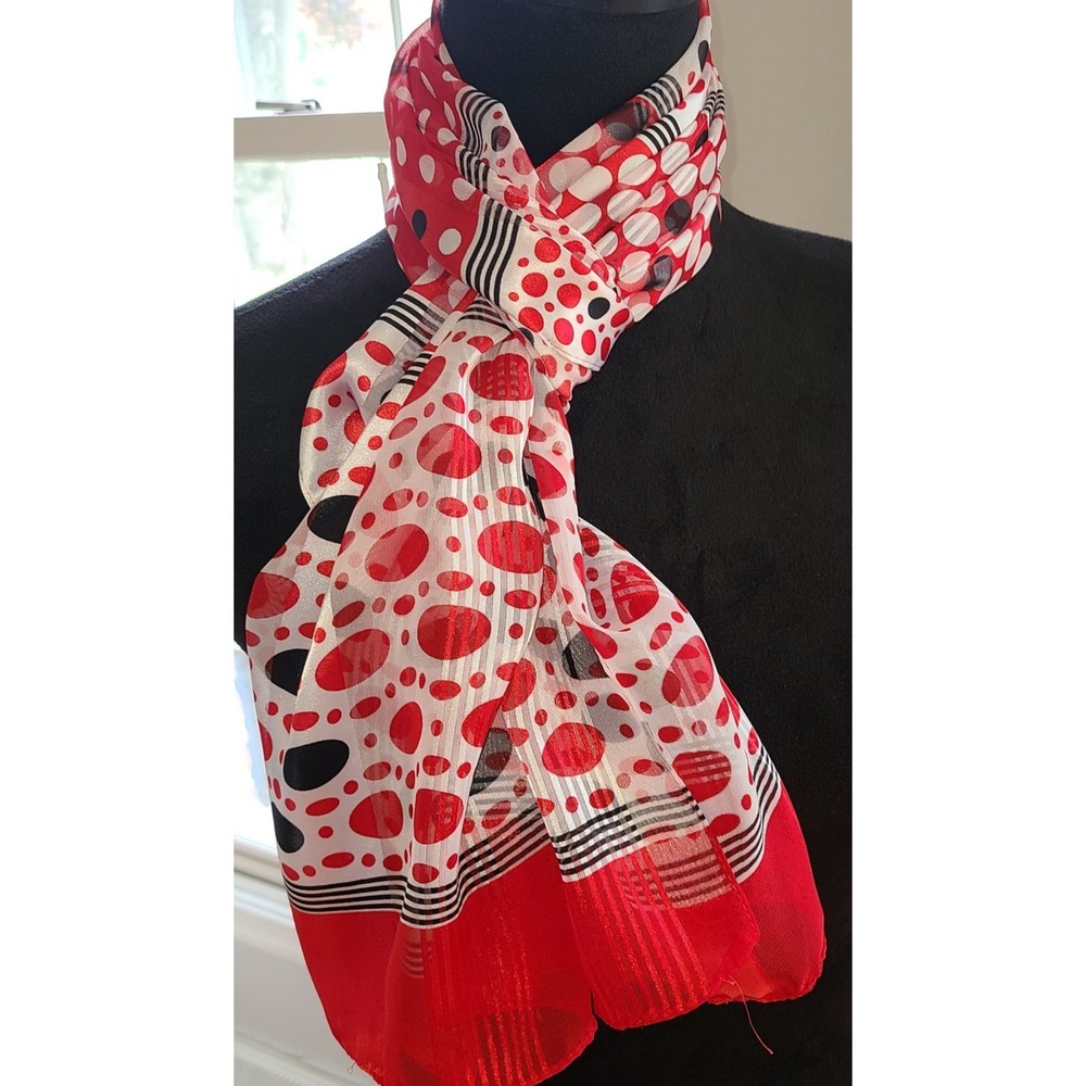 Vintage Polka Dots Scarf Headwrap 13x59" Rectangular Silky Satin Red White Black